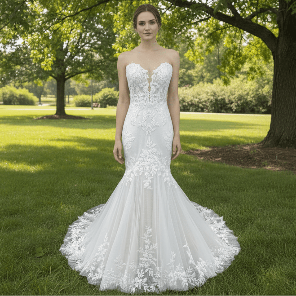 strapless lace trumpet wedding dress Brett: Strapless Floral Lace Trumpet Wedding Dress with Corset Bodice and Sweetheart Neckline
