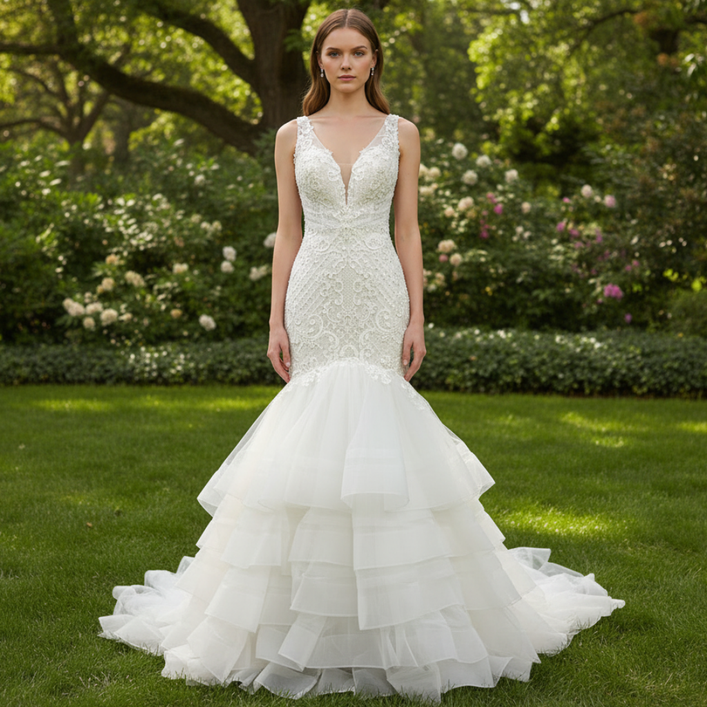 Illusion Trumpet V Neck Wedding Dress with Tank Straps – Rosymae