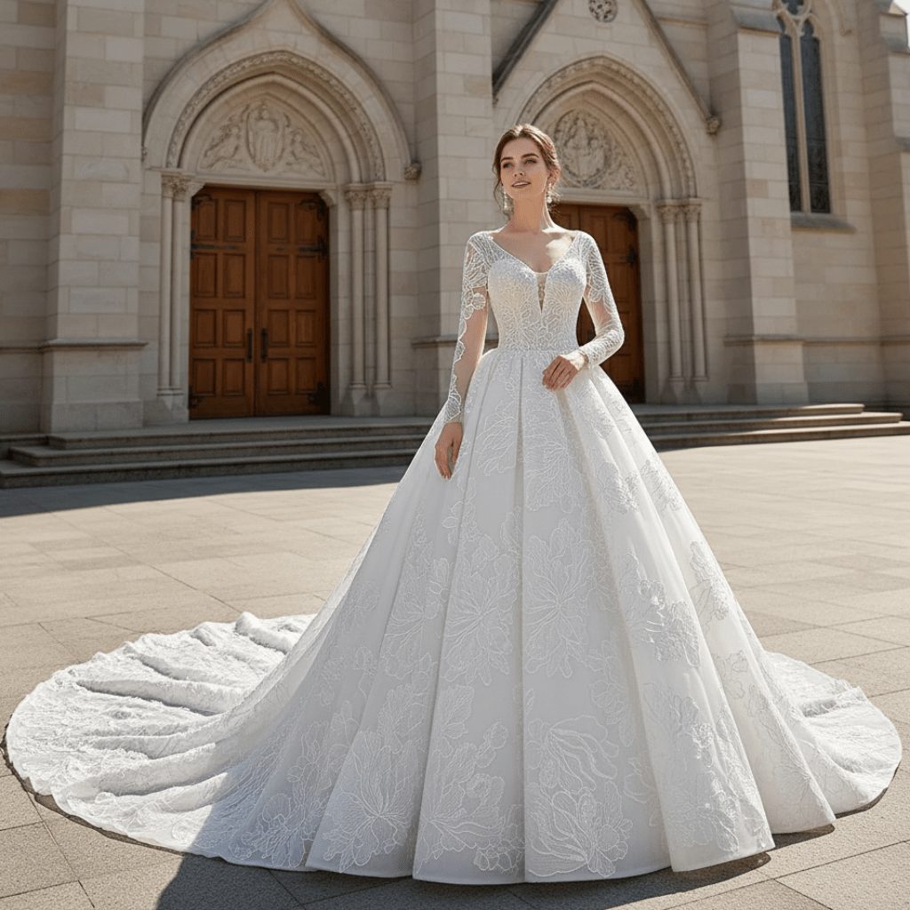 Tulle V-neck Long Sleeve Beading Wedding Dress Ball Gown White / 6