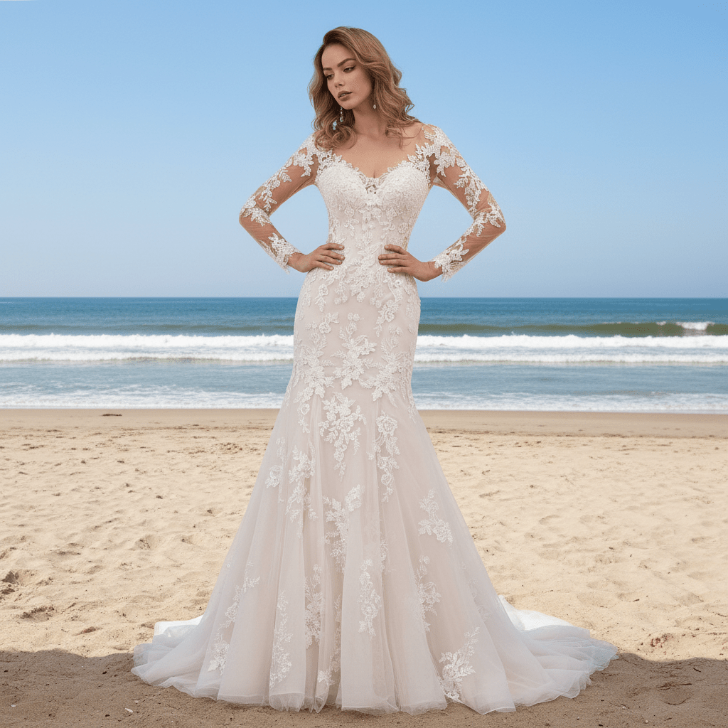 sheer floral lace wedding dress with long sleeves See Through Beaded Floral Lace Long Sleeve Boho Wedding Dresses,MW269