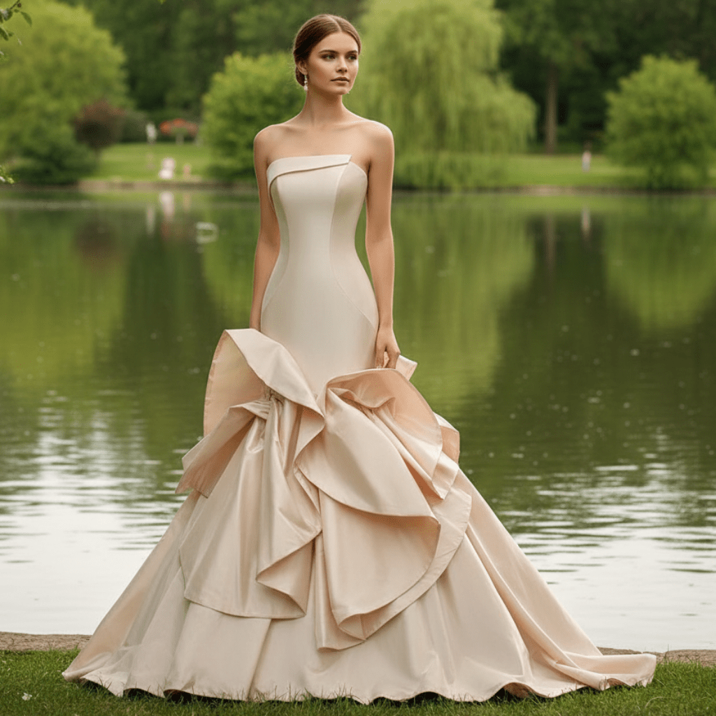 Vintage Style Asymmetrical Neck Champagne Wedding Dresses with Ruffle Skirt Champagne / 2