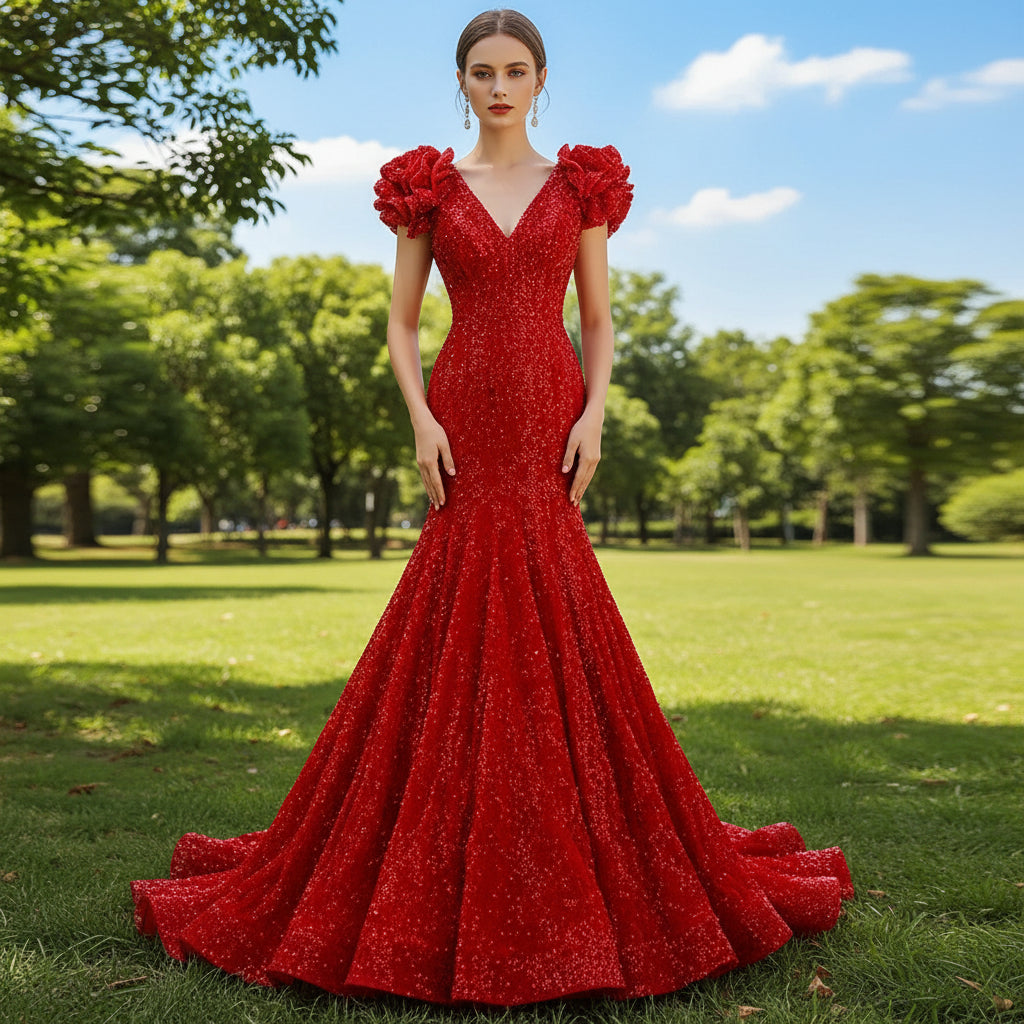 Gorgeous Sequins V-Neck Prom Dress Mermaid Long Evening Gowns Cap Sleeves