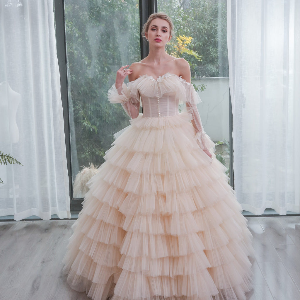 Boho Wedding Dress Ruffle Tulle Skirt Princess Wedding Gown – Rosymae