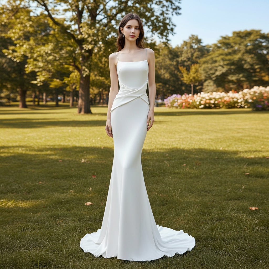 Elegant Mermaid Spaghetti Straps Satin With Lace Train Long Wedding Dresses