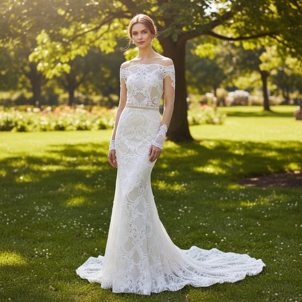 Asymmetrical Neck Fit Flare Lace Wedding Dress with Long Sleeve Ivory / 16