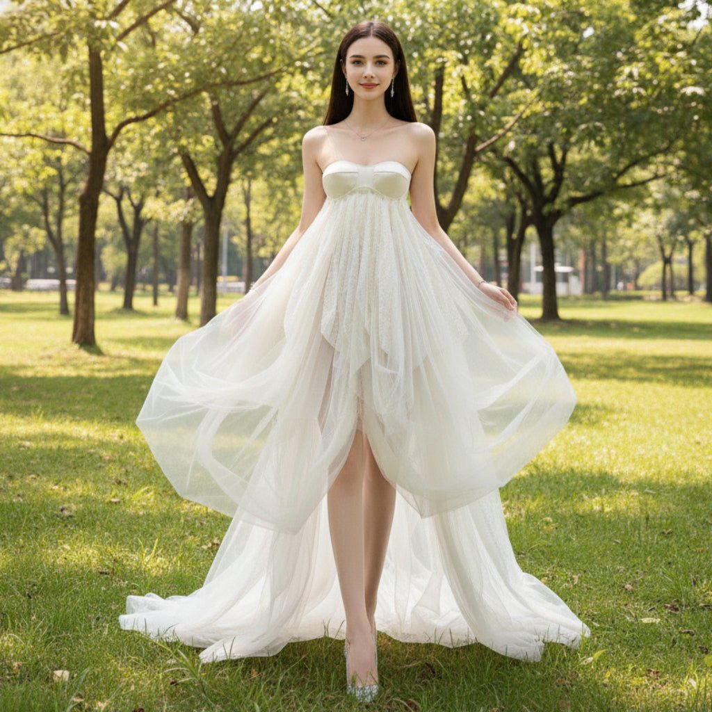 Empire Waist Elegant Above the Knee Tulle Wedding Dress with Puffy Skirt White / 2