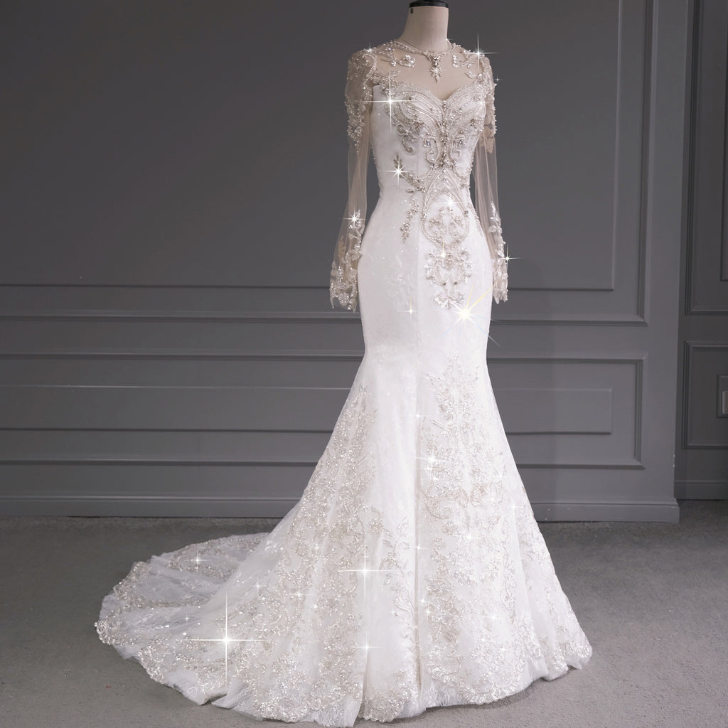 Long Sleeve Sparkly Mermaid Wedding Dress with Detachable Train White / 30W