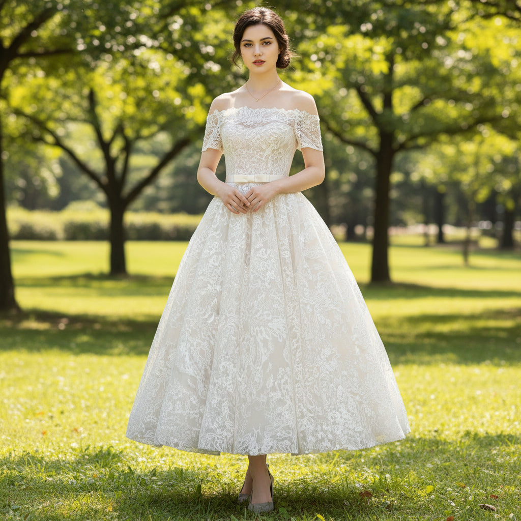 Off the Shoulder Tea Length Sheer Bodice Lace Wedding Dress  Rosymae