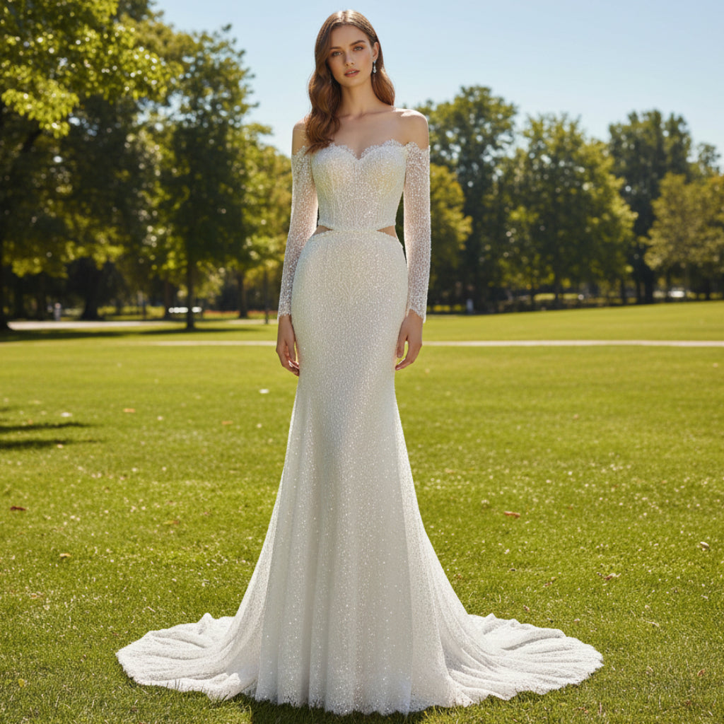 Elegant Mermaid Off The Shoulder Sequin Long Wedding Dresses main image 1