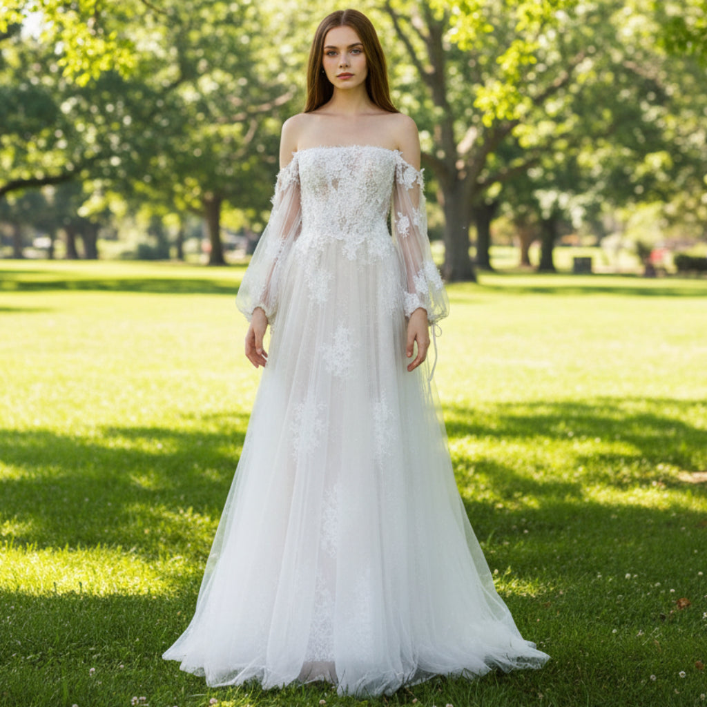 Off Shoulder Long Sleeve Boho Wedding Dress Bridal Gown Rosymae