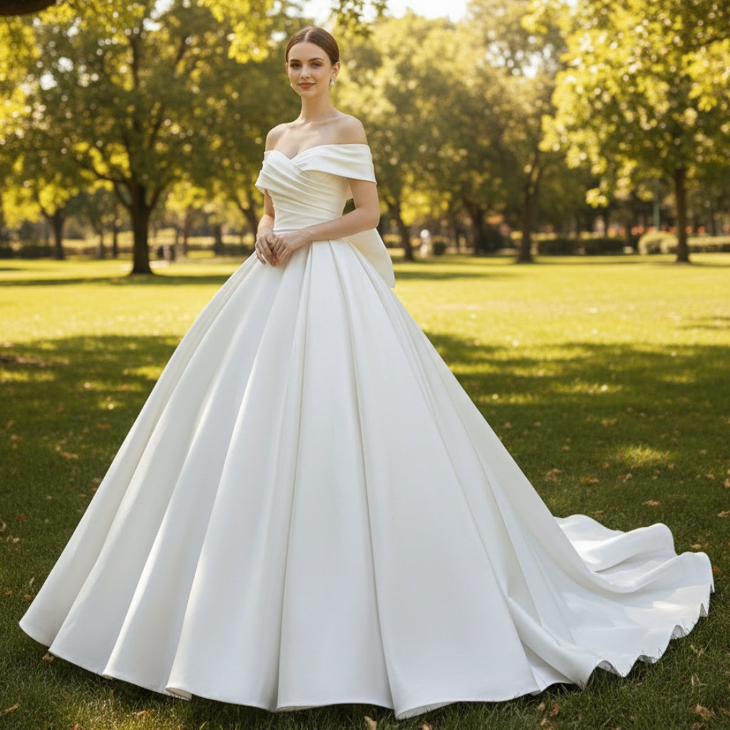 Graceful Long Ball Gown Off Shoulder Satin Wedding Dress main image 0