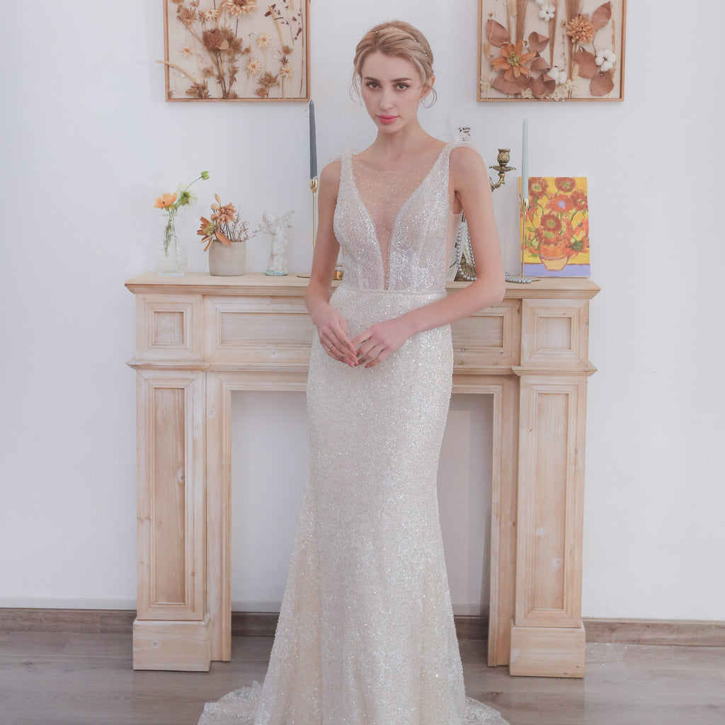 Sequin Stitching Mesh Mermaid Evening Dress Double V Neck Sleeveless Bridesmaid Elastic Dress