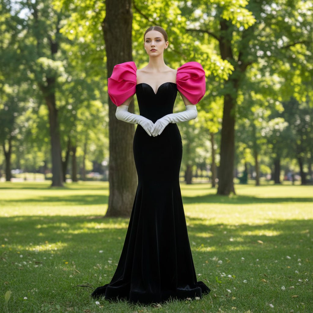 Puff Cap Sleeve Pink and Black Bridesmaid Dress Evening Party Gown