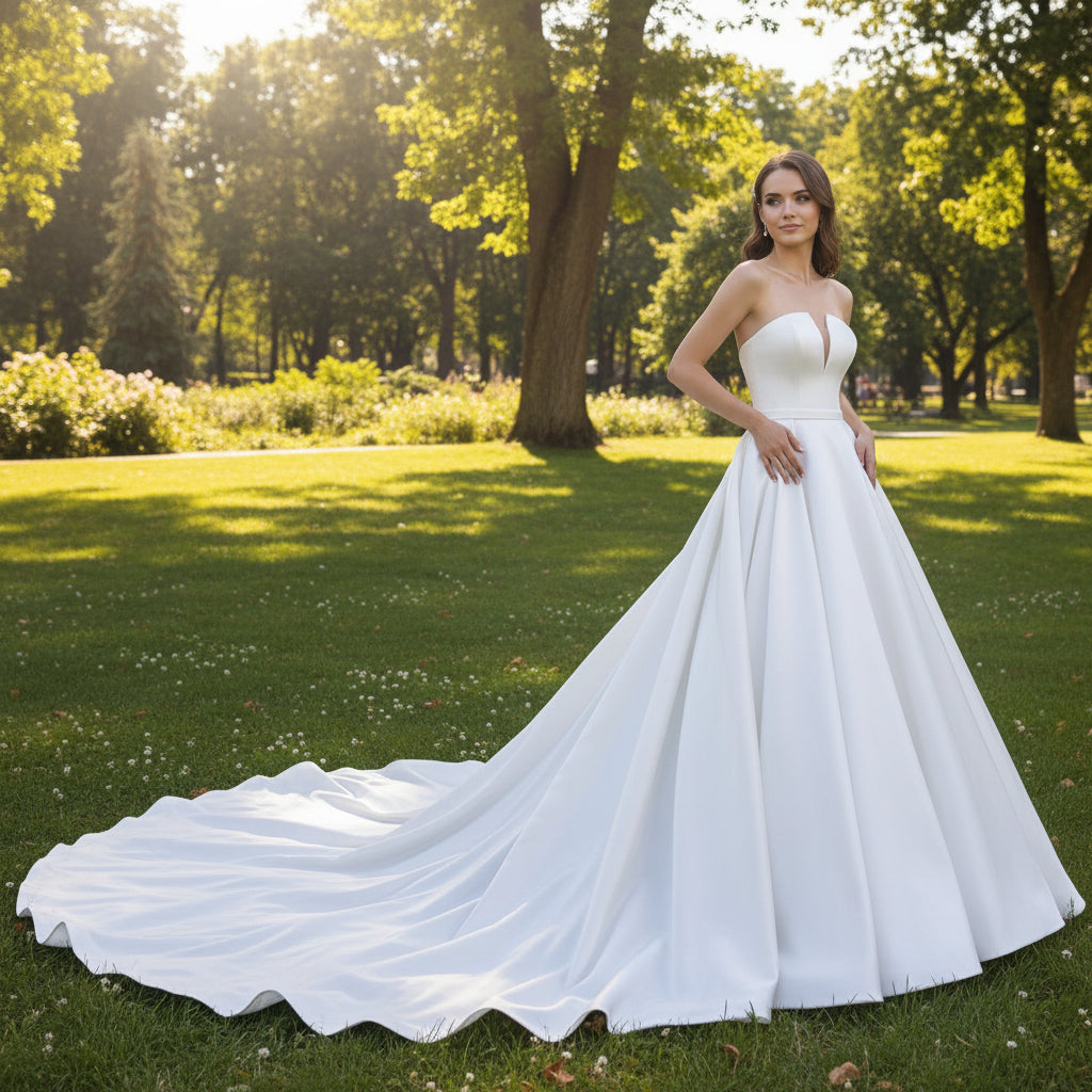 Simple Strapless Ball Gown Satin Wedding Dresses Sleeveless White Bridal Gowns HZ1121