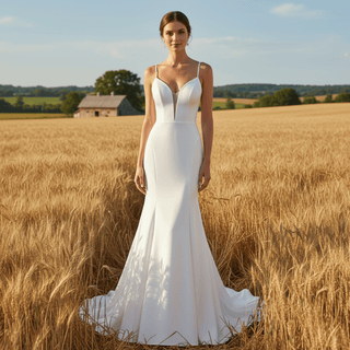 Plunging Vneck Fit and Flare Wedding Dress with Spaghetti Straps