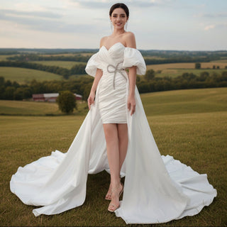 Convertible Short Above Knee Wedding Dress with Detachable Train