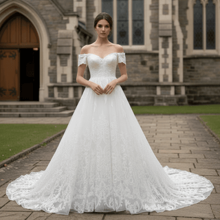 Short Sleeve Off the Shoulder Floral Lace Appliqued Wedding Dress