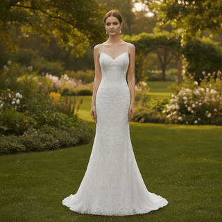 Fit Flare Beaded Lace Wedding Dress with Symmetrical Floral Pattern and Flared Skirt