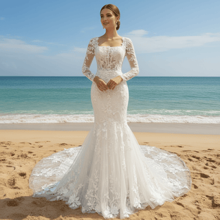 Elegant Long Sleeve Trumpet Wedding Dress with Square Neckline