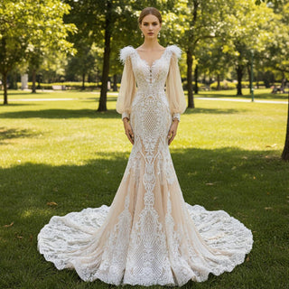 Illustion Neck Puffy Sleeved Mermaid Wedding Dress With Feather