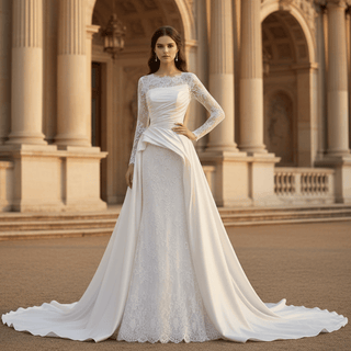 High Neck Long-Sleeve Mermaid Wedding Dress with Voluminous Overskirt