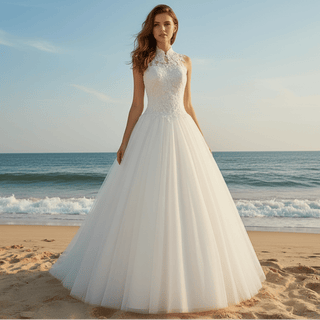 Elegant High Neck A-Line Vintage Wedding Dress with Keyhole Back