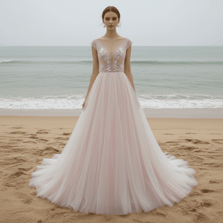 Elegant A-line Flowy Wedding Dress with Cap Sleeve for Beach