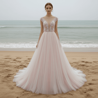 Elegant A-line Flowy Wedding Dress with Cap Sleeve for Beach
