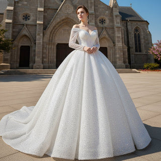 Elegant White Sequins Long Sleeves Ball Gown Bride Wedding Dress