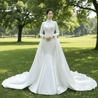 Long Sleeve O-Neck Mermaid Wedding Dress with Detachable Skirt
