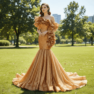 Luxury Gold Sequin Mermaid Wedding Dress Glittery Pageant Gown