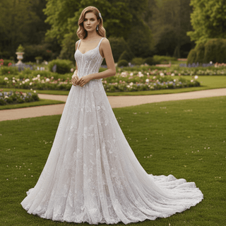 Sheer Bodice A-Line Floral Lace Motifs Wedding Dress with Square Neckline