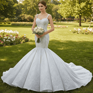 Gorgeous Beaded Lace Wedding Dress Mermaid Spaghetti Strap Bridal Gown