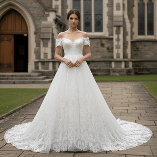Short Sleeve Off the Shoulder Floral Lace Appliqued Wedding Dress