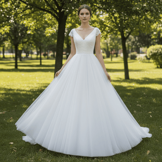 Classic A-Line Wedding Dress with V-Neckline Delicate Cap Sleeves & Layered Tulle Skirt