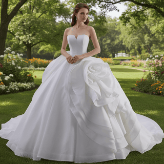 Small V-neck Ball Gown Wedding Dress with Massive Cascading Satin Rosette