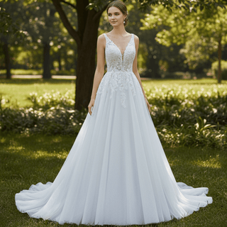Romantic Cascading Floral Lace Ethereal Wedding Dress with Plunging Neckline