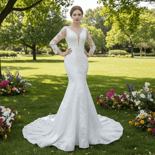 Long Sleeve Trumpet Embroidery Lace Wedding Dress