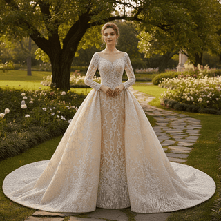 Luxury Champagne Ball Gown Wedding Dress with Sheer Scoop & Long Sleeves