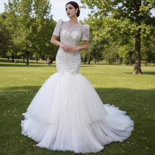 Beaded Mermaid Wedding Dress Puffed Short Sleeve Bridal Dress