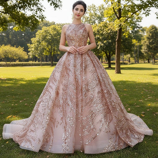 Elegant Rose Gold Sequin Lace Prom Dress High Neck Formal Gown