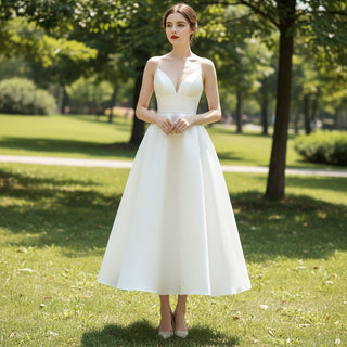 Princess A-line Tea Length Wedding Dress with Spaghetti Straps