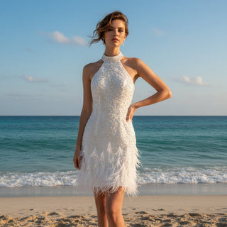 Above the Knee Halter Neck Mini Wedding Dress with Pearls & Feathers