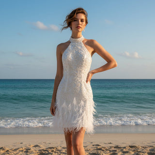 Above the Knee Halter Neck Mini Wedding Dress with Pearls & Feathers