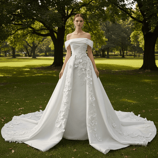 Hand-Beaded Off Shoulder Luxury Satin Wedding Dress with D Floral Appliqués