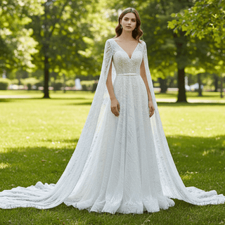 High-end Sequins Vneck Wedding Dress with Long Cape Sleeve