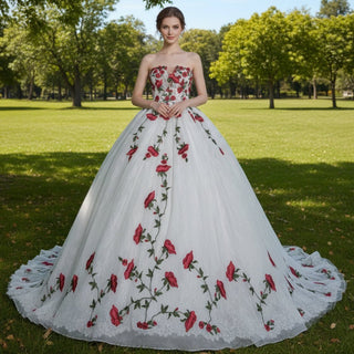Colourful Embroidery Floral Rose Wedding Dress Quinceanera Party Gown
