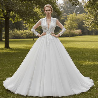 Plunging Neckline Ballgown Wedding Dress with Long Sleeves