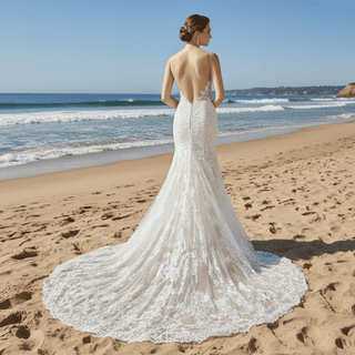 Deep V Neck Lace Mermaid Wedding Dress with Open Back and Chapel Train