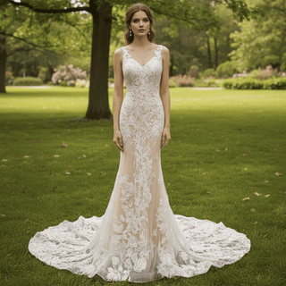 Deep V Neck Lace Mermaid Wedding Dress with Open Back and Chapel Train